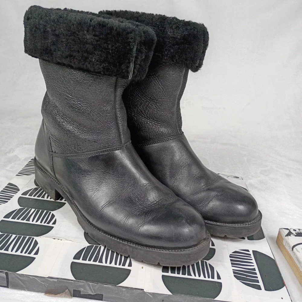 Santana Canada Black Leather Faux Fur Trim‎ Winter Boots Lug Sole Mens 8.5